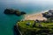 Aerial view of a sandy beach in a resort Castle Beach, Tenby, Wales
