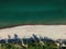 Aerial view of sandy beach, sea and forest on Baltic sea in Zelenogradsk, Kaliningrad region, Russia. top view