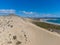 Aerial view on sandy dunes and turquoise water of Sotavento beach, Costa Calma, Fuerteventura, Canary islands, Spain