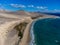 Aerial view on sandy dunes and turquoise water of Sotavento beach, Costa Calma, Fuerteventura, Canary islands, Spain