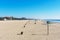 Aerial view of Santa Monica beach and Pacific Ocean coastline. The line of trash and recycle bins on sand. - Santa Monica,