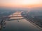 Aerial view of Sava river, bridges and thick smog over Belgrade