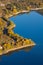 Aerial view of Scanno lake in the autumn season in Abruzzo