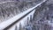 Aerial view of scenic landscape with straight road surrounded by snow covered woodland on winter day