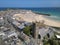 Aerial view of the scenic St Ives Harbor on a sunny day in Cornwall, England