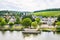 Aerial view of Schengen town over River Moselle, Luxembourg, where Schengen Agreement signed. Tripoint of borders, Germany, France