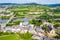 Aerial view of Schengen town over River Moselle, Luxembourg, where Schengen Agreement signed. Tripoint of borders, Germany, France