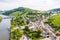 Aerial view of Schengen town over River Moselle, Luxembourg, where Schengen Agreement signed. Tripoint of borders, Germany, France