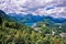 Aerial view of Schwangau, Germany under dark brooding sky