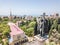 Aerial view of Sculpture of Archangel Mikhail in Sochi city center with sea port on background and seascape. Russia