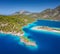 Aerial view of sea bay, rock, sandy beach, trees, mountain