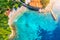 Aerial view with sea coast, sandy beach, blue water, hotels