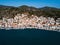 Aerial view of Sea marina at Poros island, Aegean sea, Greece. Travel.