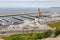 Aerial view of the sea port on the Mediterranean coast in central part of Tangier in Northern Morocco