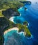 Aerial view at the sea and rocks. Blue water background from top view. Summer seascape from air. Kelingking beach, Nusa Penida, Ba