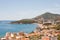 Aerial view on seascape of Adriatic sea coast in Budva Riviera. Location place Becici opposite the island of St