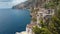 Aerial view of the seashore of southern Italy. Boat. Incredible beauty panorama of mountains and sea. Travel and tourism. Summer d