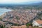 Aerial view of the seaside town of Roses on the shore of the Mediterranean sea, Spain