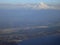 Aerial view Seattle with coast and Mount Rainier visible