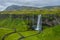 Aerial view of Seljalandsfoss - most famous best known and visited waterfalls in Iceland
