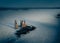 Aerial view of a semi-destroyed abandoned church in the dark winter in the Yaroslav region, Russia