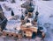 Aerial view of a semi-destroyed abandoned church in the Yaroslav region in winter, Russia