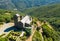 Aerial view of Serrabone Priory in foothills of Canigou, France