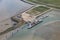 Aerial view service harbor at Dutch island Ameland