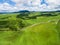 Aerial view sheep farm hill, Rotorua, New Zealand