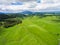 Aerial view sheep farm hill, Rotorua, New Zealand