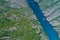 Aerial view of a ship sailing on the Sil river in the Ribeira Sacra, world heritage site