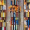 Aerial view of shipping container port terminal. Colourful pattern of containers in harbor. Maritime logistics global