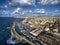 Aerial view of Ships anchoring at the Jaffa port in a cloudy day, Tel Aviv