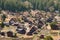 Aerial view of Shirakawa-go village with full bloom cherry blossom, Japan