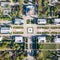 Aerial view shooting from drone of the central symmetrical square of the National Exhibition Center in Kiev, Ukraine.