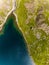 Aerial view of the shoreline of a beautiful mountain lake surrounded by hiking trails on Snowdon, Wales Llyn Glaslyn and the