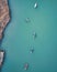 Aerial view shot of lagoon with fishing boats in Cullera, Spain