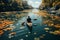 Aerial view shows kayaker gliding on a serene, lotus dotted lake