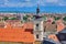 Aerial view of Sibiu city center with imposing tower of Holy Trinity Roman Catholic Church/Biserica Romano-Catolica Sfanta Treime
