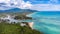 Aerial view of Sichon beach and bay blends with the blue sea.