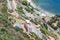 Aerial view Sicilian coast of Taormina with hotels and beach