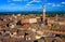 Aerial view of Siena with Campo Square Piazza del Campo, Palazzo Pubblico and Mangia Tower Torre del Mangia in Siena