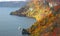 Aerial view of a sightseeing boat on autumn Lake Towada, in Towada Hachimantai National Park, Aomori, Japan