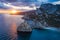 Aerial view of Simeiz village, Diva rock in sunset light. Cat mountain in background, Crimea. Black Sea