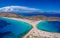 Aerial view of Simos beach in Elafonisos island in Greece. Elafonisos is a small Greek island the Peloponnese with idyllic exotic