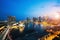 Aerial view of Singapore business district and city at night in