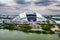 Aerial view of the Singapore National Stadium located next to the Kallang Basin and reservoir