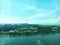 Aerial view of the Singapore seascape, landscape and blue sky shot during the daytime