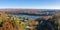 Aerial view of single family homes by Cheat Lake in the fall outside Morgantown in West Virginia