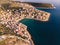 Aerial view of Skala Marion town in Thasos Island, Greece, at sunset